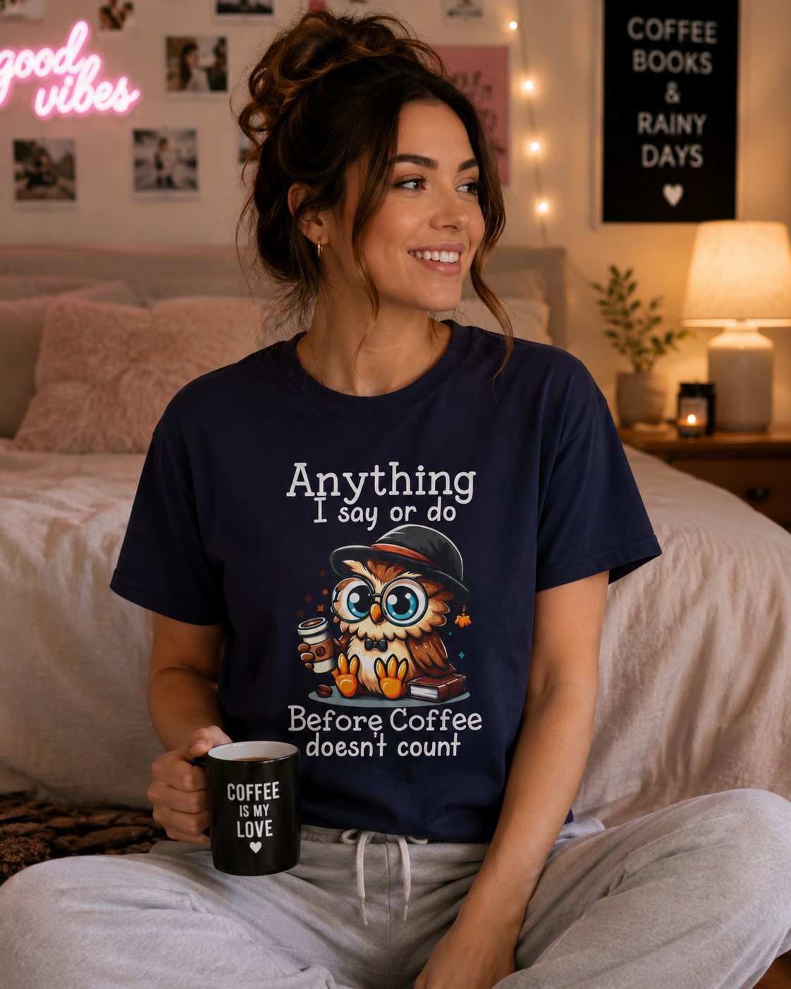 Coffee Owl T-Shirt — "Anything I say or do before coffee doesn’t count" Cute Funny Morning Tee