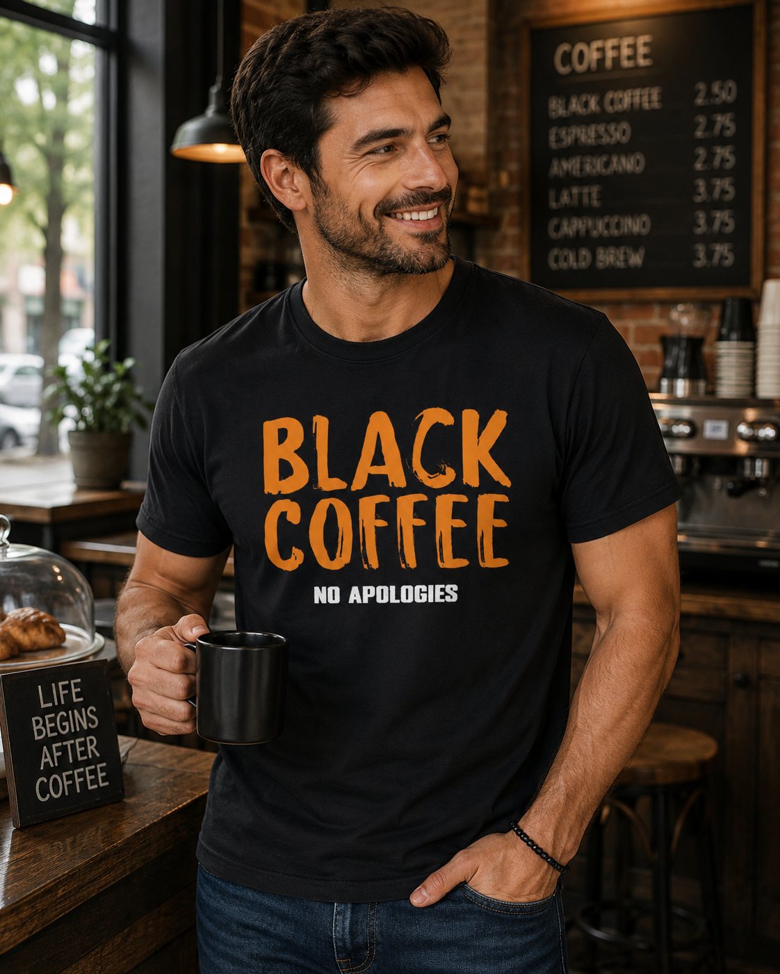 Black Coffee Tee – "Black Coffee No Apologies" Funny Caffeinated Shirt