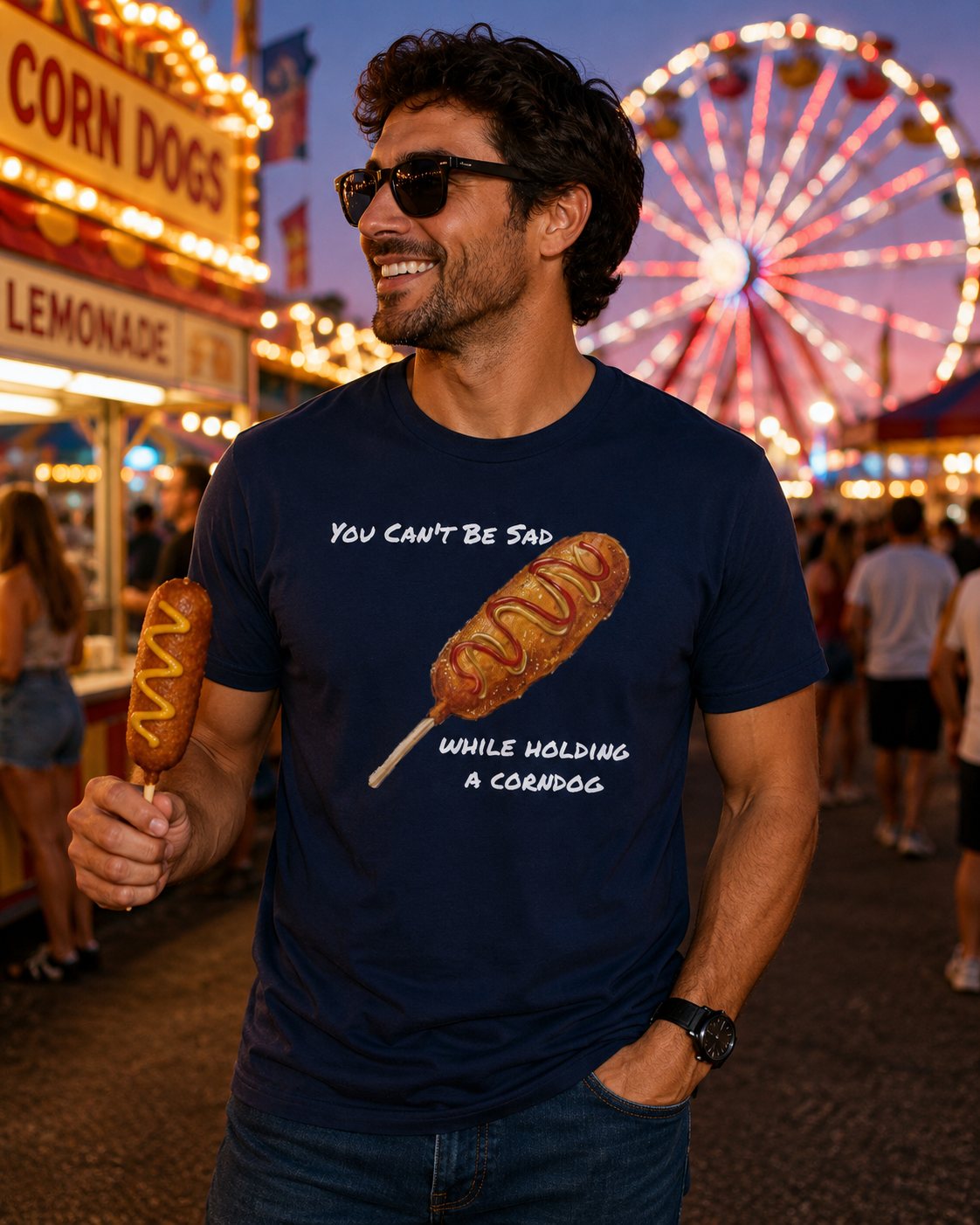 Corn Dog T-Shirt - "You Can't Be Sad While Holding a Corndog" Funny Hotdog Tee