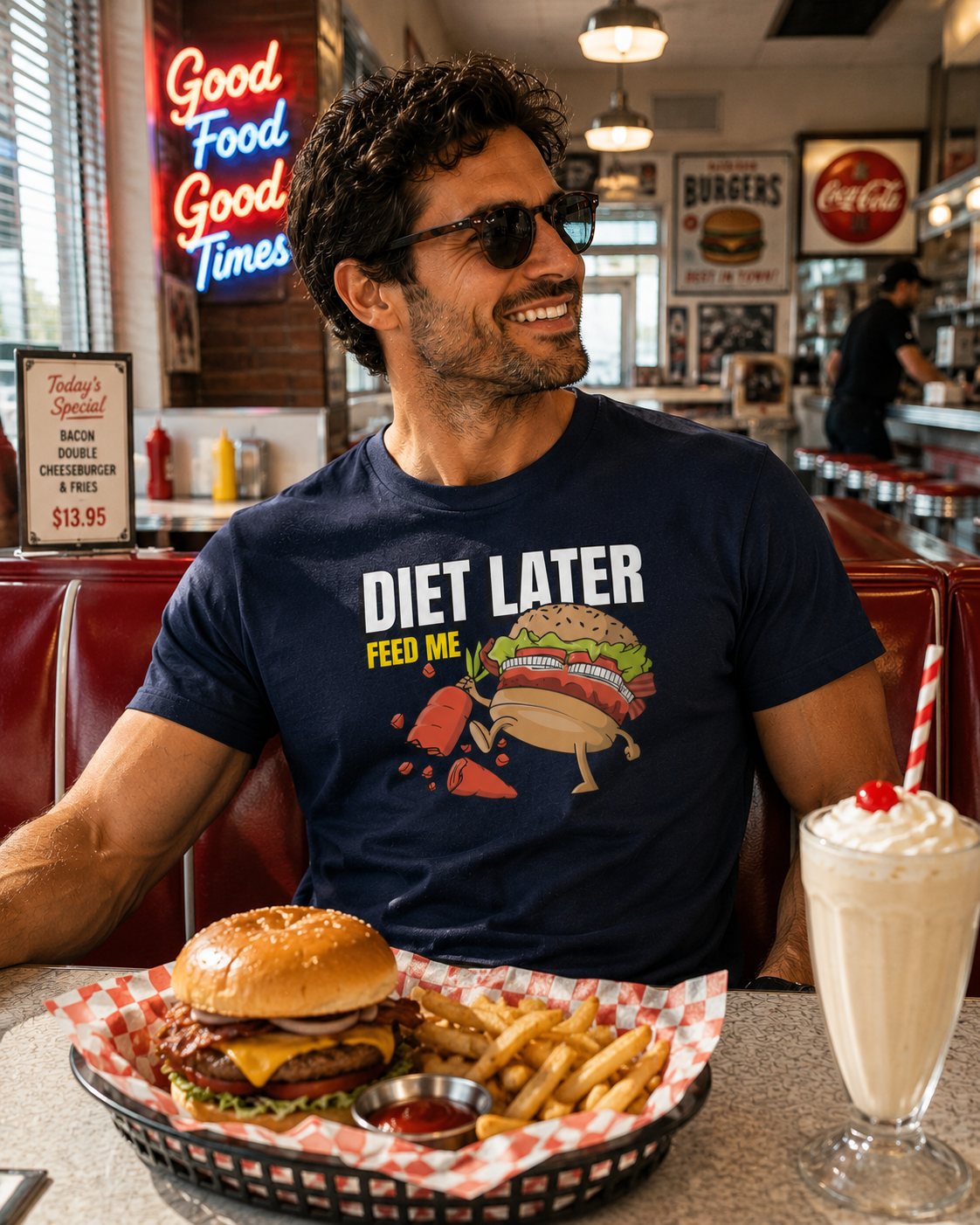 Diet Later Feed Me Burger T-Shirt — Funny Foodie Graphic Tee