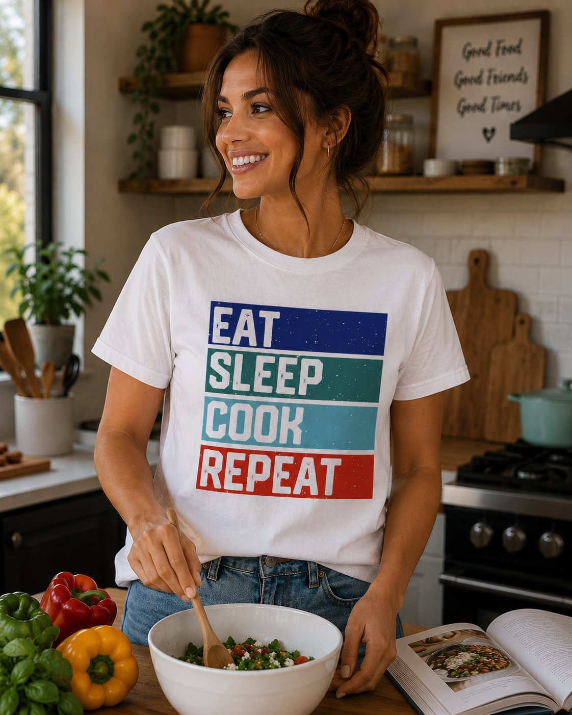 Eat Sleep Cook Repeat T-Shirt — Retro Striped Chef Cooking Tee