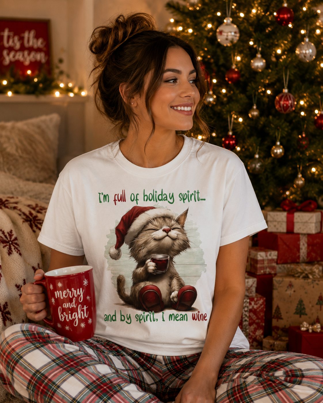 Holiday Cat T-Shirt — "I'm Full of Holiday Spirit... and by Spirit I Mean Wine" Christmas Tee
