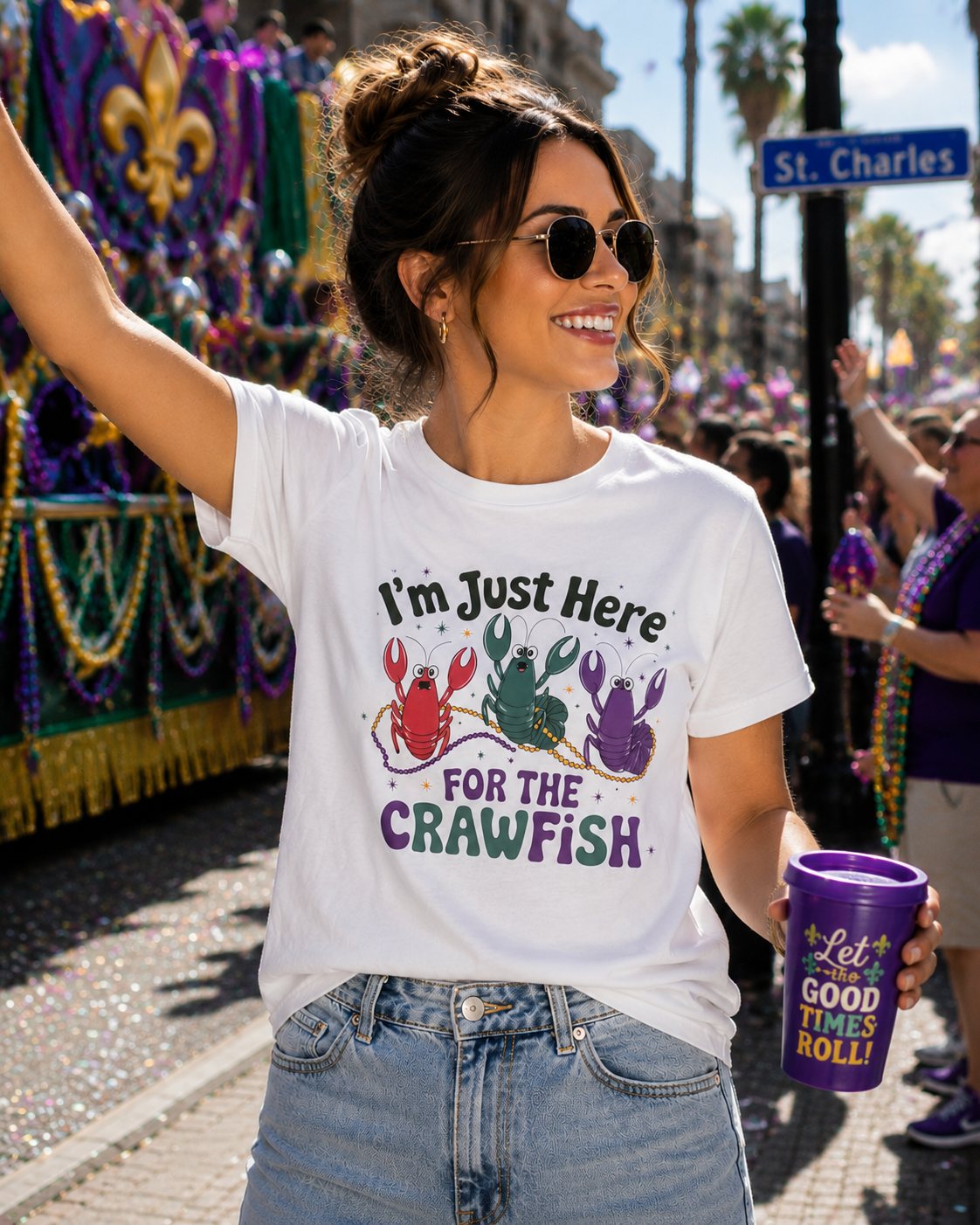 Crawfish T-Shirt – "I'm Just Here for the Crawfish" Colorful Mardi Gras Seafood