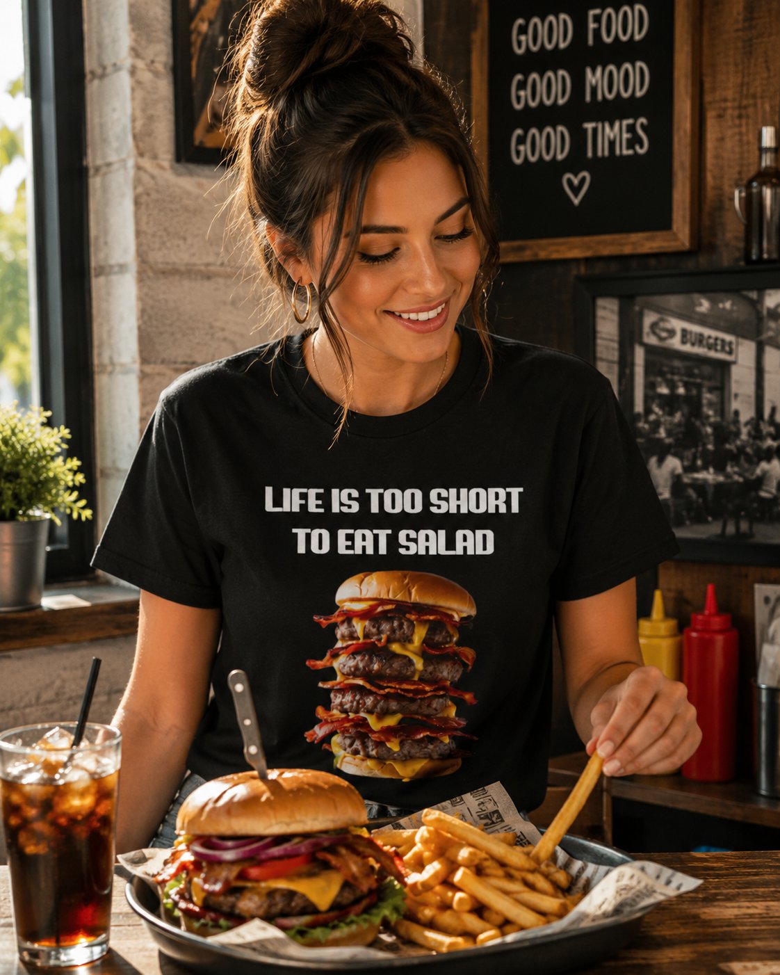 Life Is Too Short To Eat Salad T-Shirt – Funny Cheeseburger Graphic Tee