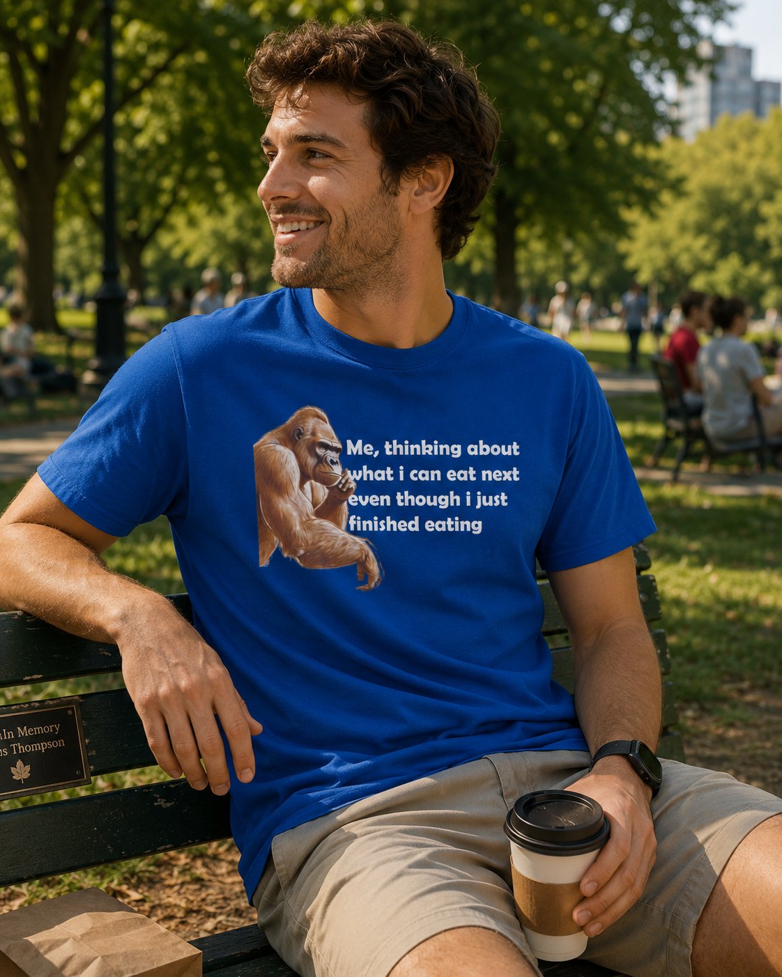 Funny Foodie T-Shirt — "Me, thinking about what I can eat next even though I just finished eating" Graphic Tee