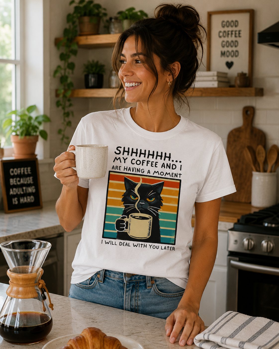Cat Coffee T-Shirt – “Shhh… My Coffee and I Are Having a Moment” Funny Tee