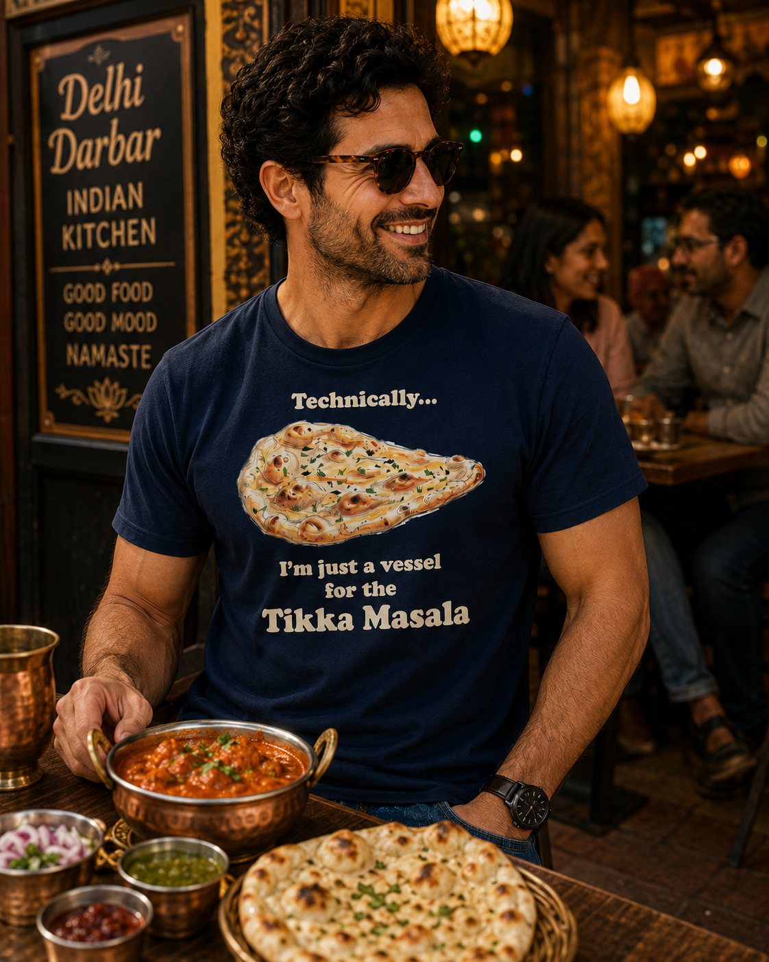 Naan Bread T-Shirt — “Technically I’m Just a Vessel for the Tikka Masala” Indian Food Tee