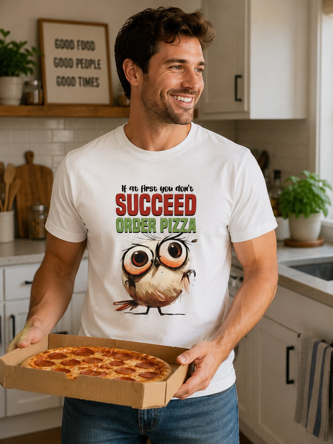 Funny Owl Pizza T-Shirt — "If at First You Don't Succeed Order Pizza" Graphic Tee