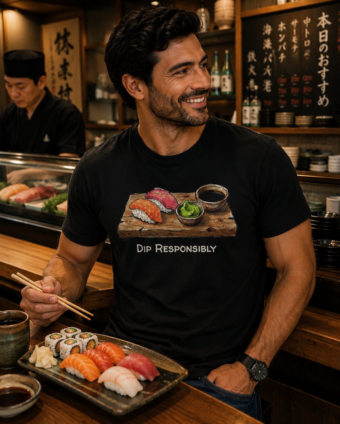 T-Shirt — "Dip Responsibly" Sushi Board Wasabi Foodie Tee