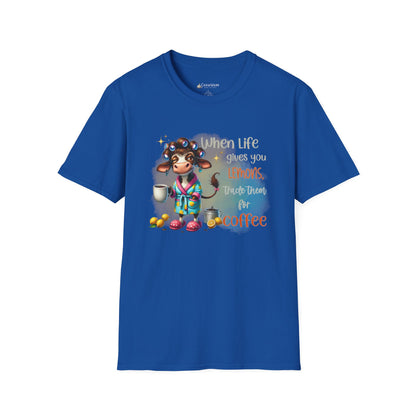 Coffee Cow Funny T-Shirt — "When Life Gives You Lemons Trade Them for Coffee"