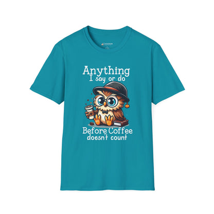 Coffee Owl T-Shirt — "Anything I say or do before coffee doesn’t count" Cute Funny Morning Tee