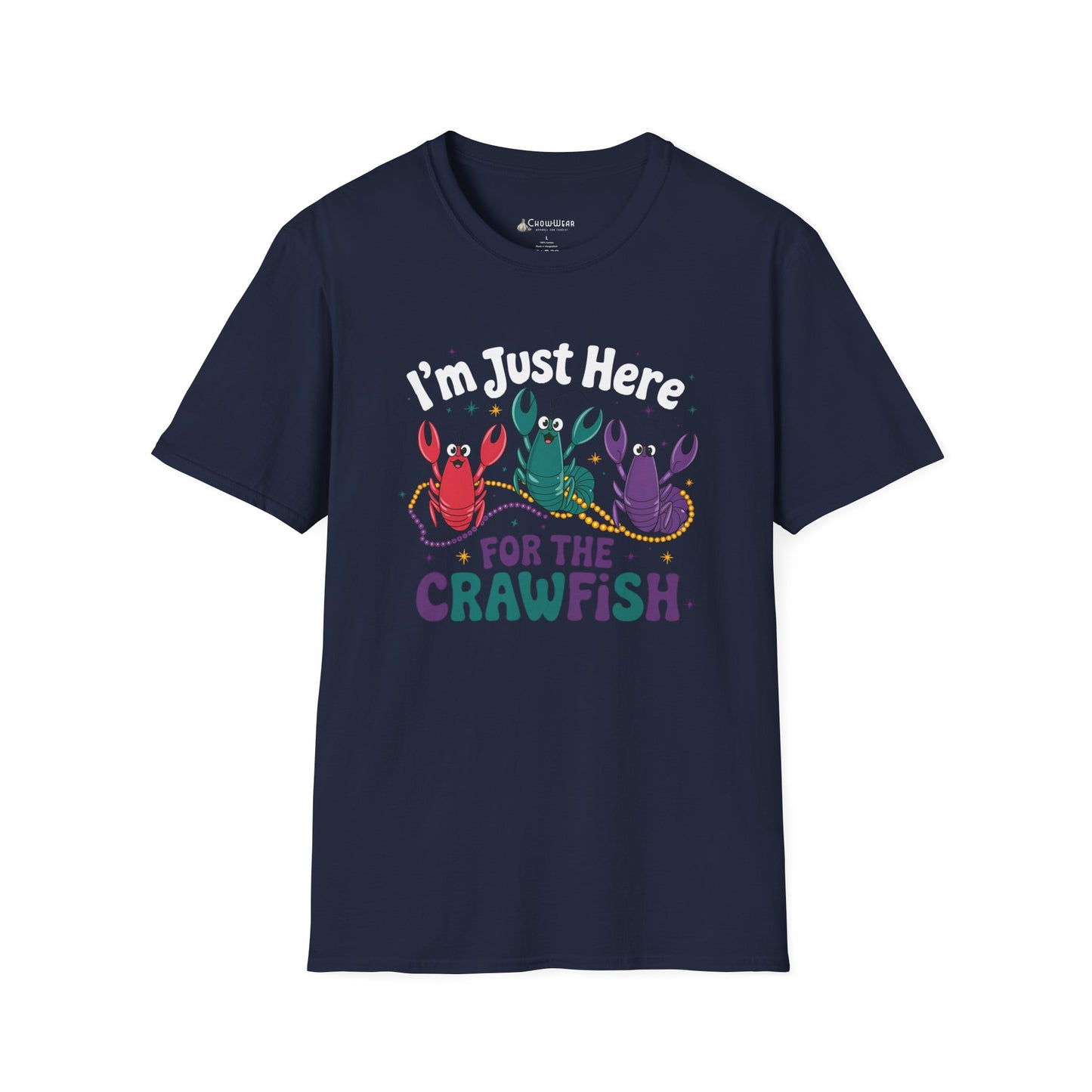 Crawfish T-Shirt – "I'm Just Here for the Crawfish" Colorful Mardi Gras Seafood
