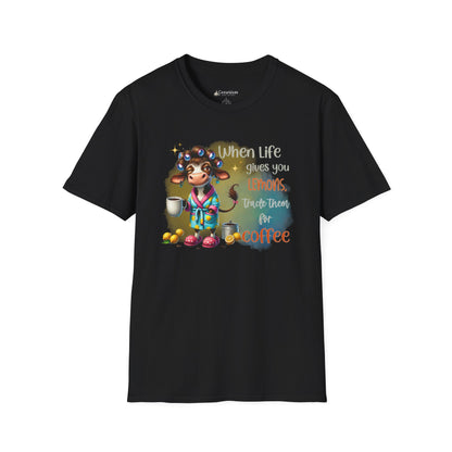 Coffee Cow Funny T-Shirt — "When Life Gives You Lemons Trade Them for Coffee"