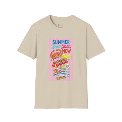 Summer Diet Starts Now T‑Shirt — Retro Beach Fruits & Seafood Graphic
