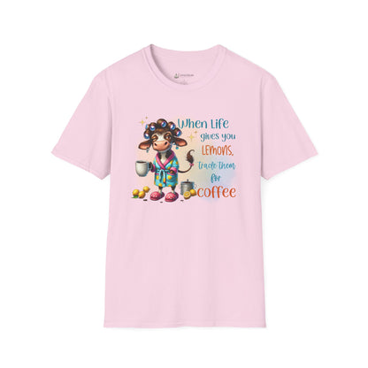 Coffee Cow Funny T-Shirt — "When Life Gives You Lemons Trade Them for Coffee"
