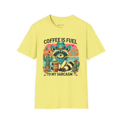 Coffee Is Fuel To My Sarcasm T-Shirt — Funny Raccoon Coffee Lover Tee