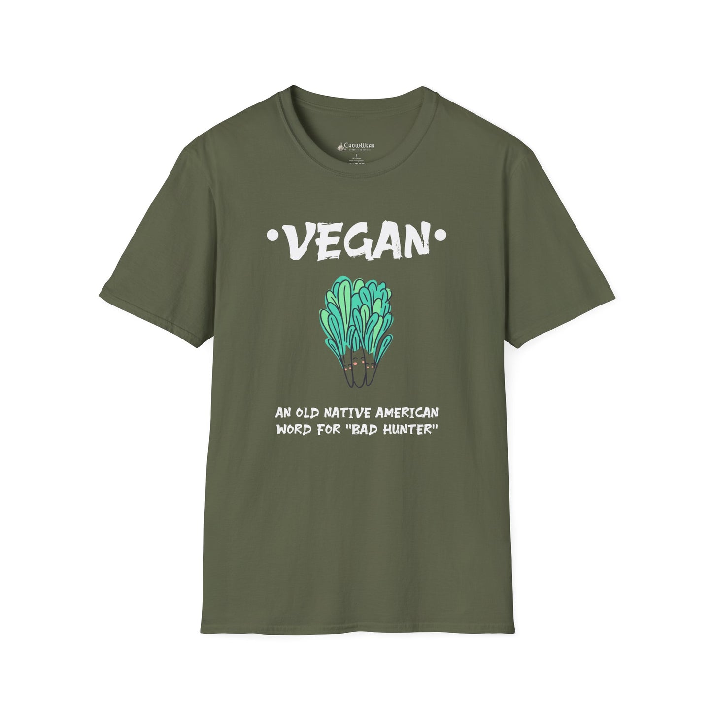 Vegan Humor T-Shirt — "Vegan: An Old Native American Word for 'Bad' Hunter'" Plant-Based Graphic Tee
