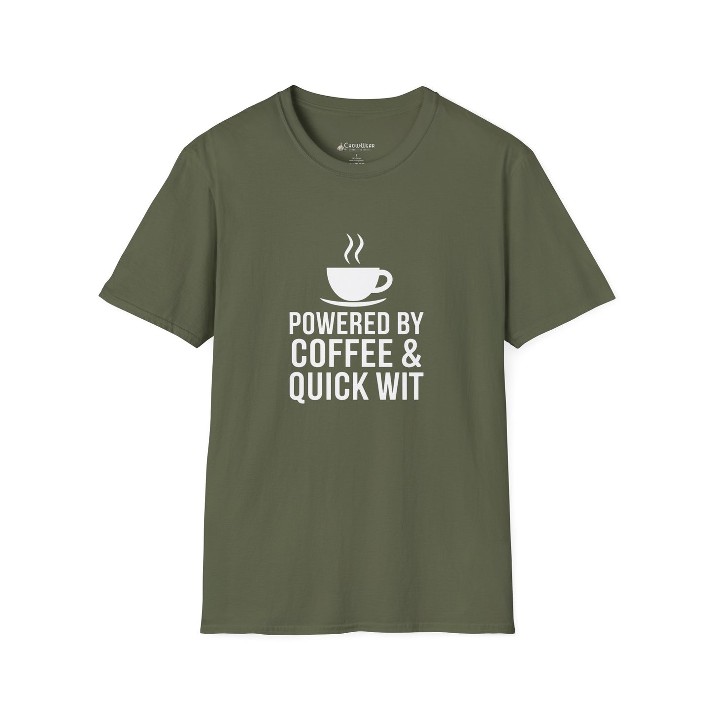 Coffee T-Shirt — "Powered by Coffee & Quick Wit" Funny Tee