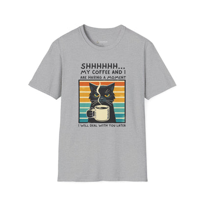 Cat Coffee T-Shirt – “Shhh… My Coffee and I Are Having a Moment” Funny Tee