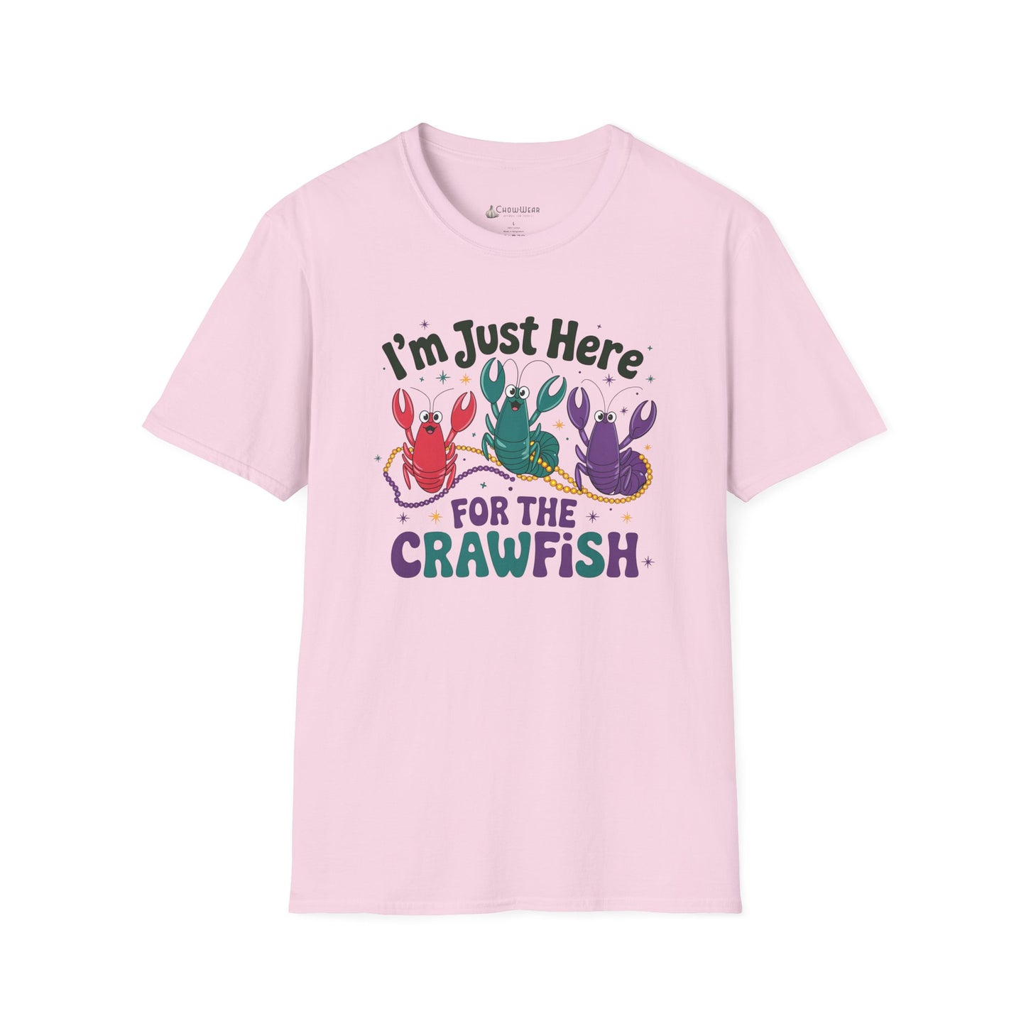 Crawfish T-Shirt – "I'm Just Here for the Crawfish" Colorful Mardi Gras Seafood