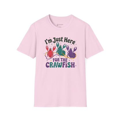 Crawfish T-Shirt – "I'm Just Here for the Crawfish" Colorful Mardi Gras Seafood