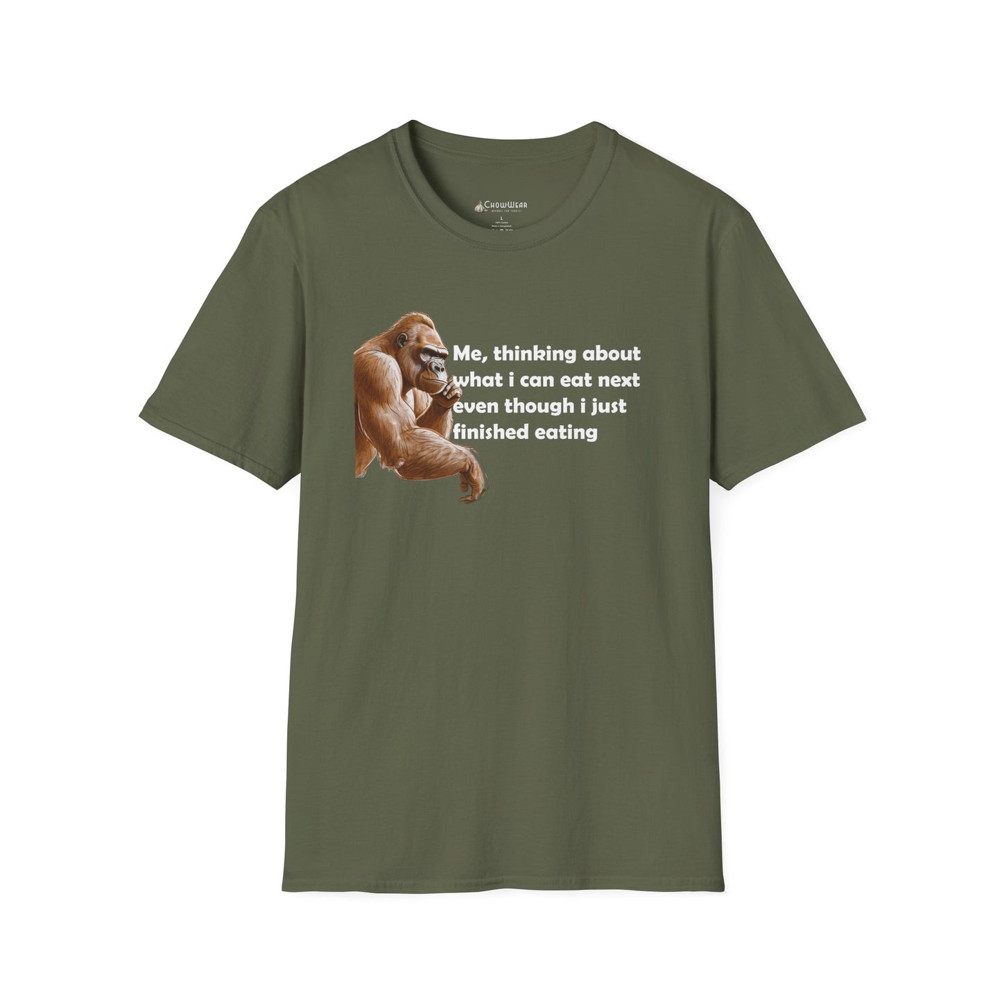 Funny Foodie T-Shirt — "Me, thinking about what I can eat next even though I just finished eating" Graphic Tee