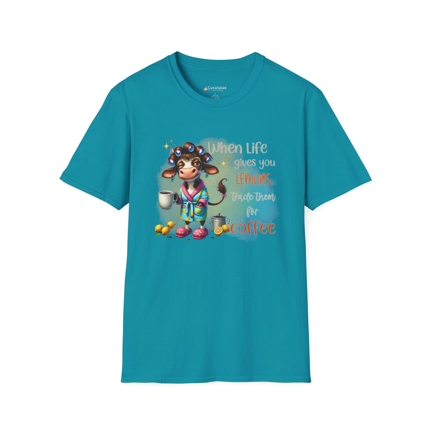 Coffee Cow Funny T-Shirt — "When Life Gives You Lemons Trade Them for Coffee"