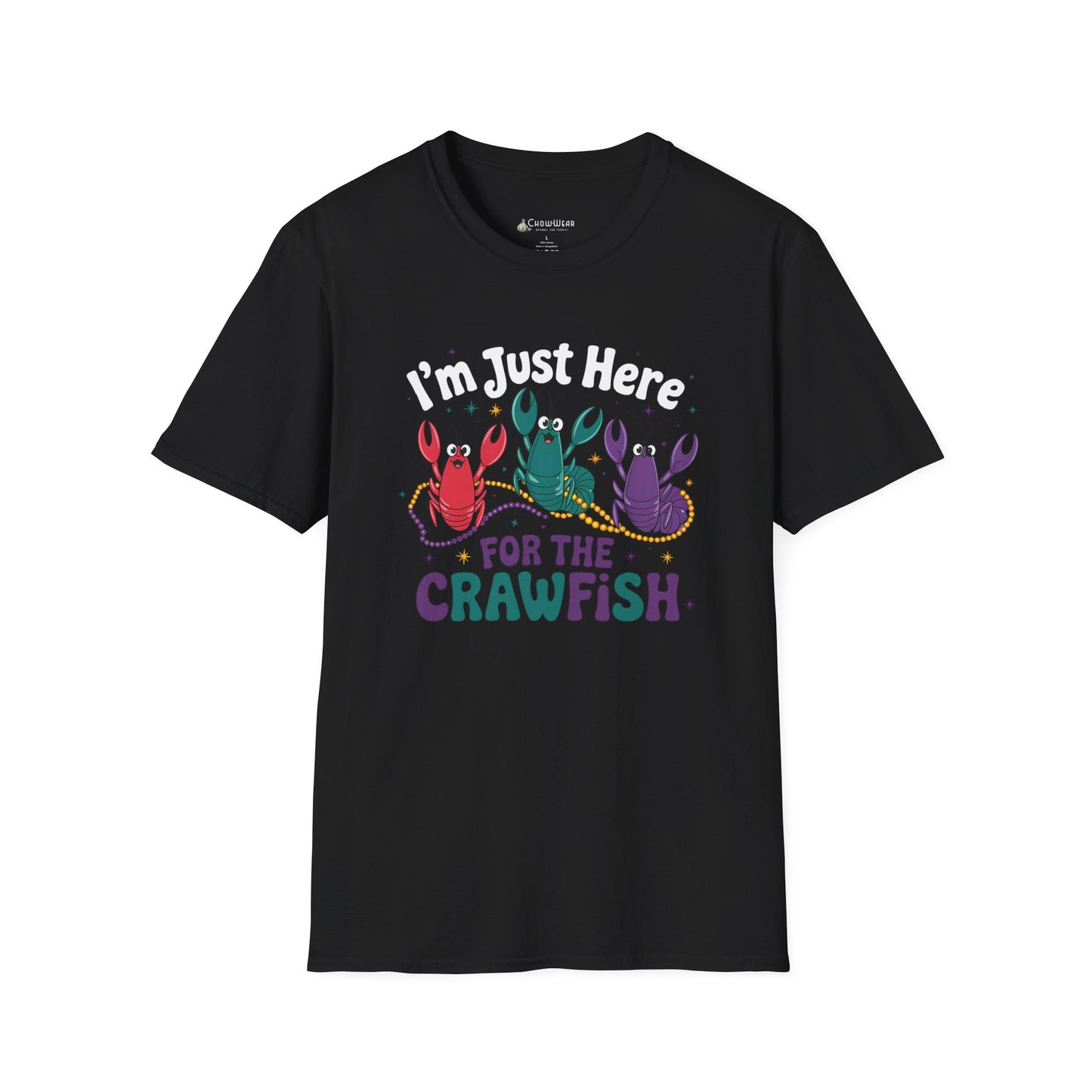 Crawfish T-Shirt – "I'm Just Here for the Crawfish" Colorful Mardi Gras Seafood