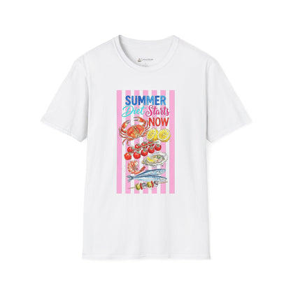 Summer Diet Starts Now T‑Shirt — Retro Beach Fruits & Seafood Graphic