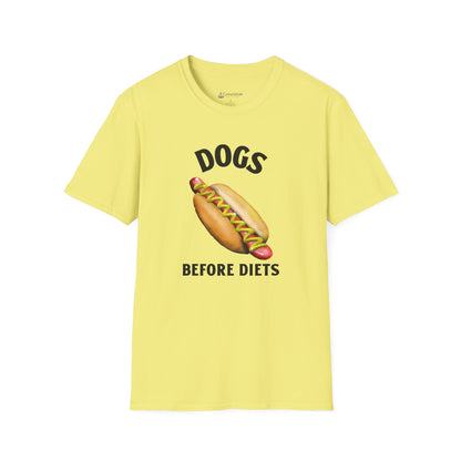 Dogs Before Diets Hot Dog Graphic T‑Shirt — Funny Foodie Dog Lover Tee