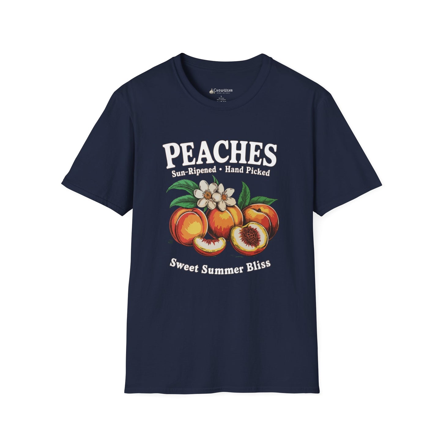 Peaches Vintage T-Shirt — “Peaches: Sun-Ripened • Hand Picked” Summer Fruit Tee