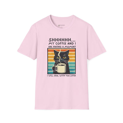Cat Coffee T-Shirt – “Shhh… My Coffee and I Are Having a Moment” Funny Tee