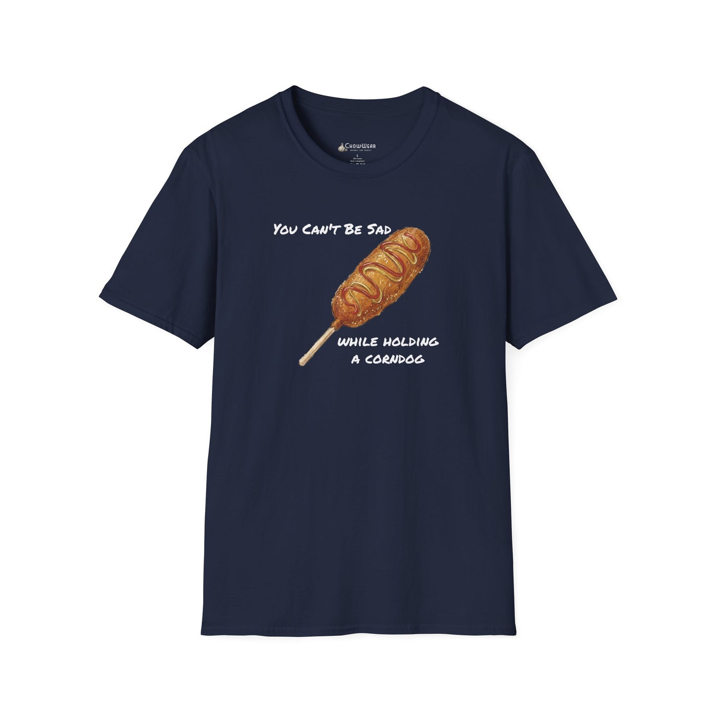 Corn Dog T-Shirt - "You Can't Be Sad While Holding a Corndog" Funny Hotdog Tee