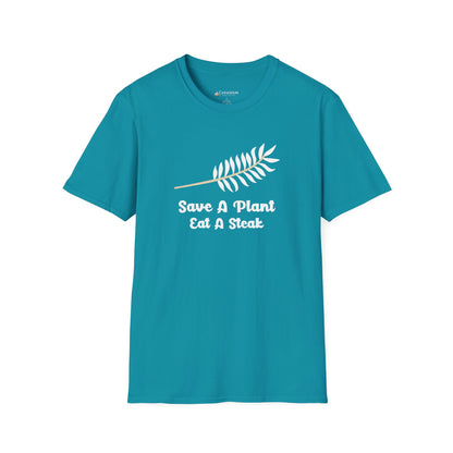 "Save A Plant, Eat A Steak" Retro Vegan Vegetarian Humor T-shirt