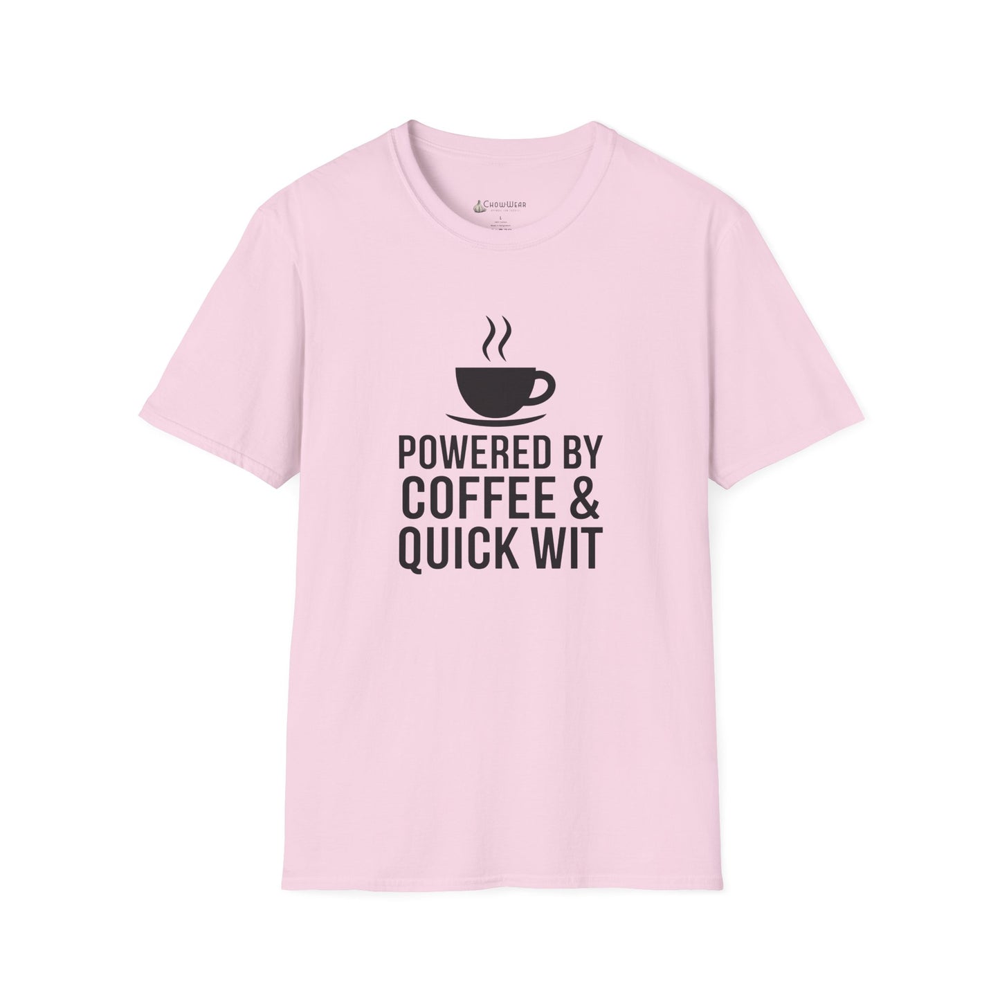 Coffee T-Shirt — "Powered by Coffee & Quick Wit" Funny Tee