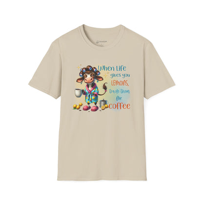 Coffee Cow Funny T-Shirt — "When Life Gives You Lemons Trade Them for Coffee"
