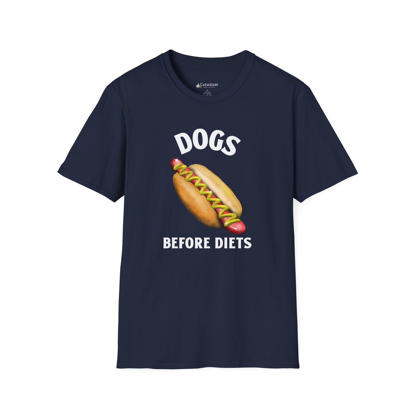 Dogs Before Diets Hot Dog Graphic T‑Shirt — Funny Foodie Dog Lover Tee