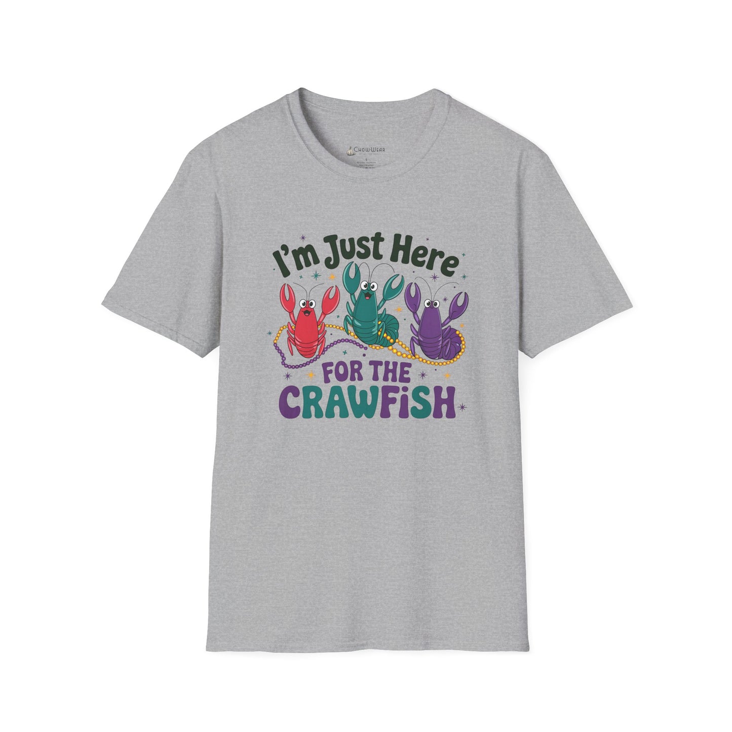 Crawfish T-Shirt – "I'm Just Here for the Crawfish" Colorful Mardi Gras Seafood
