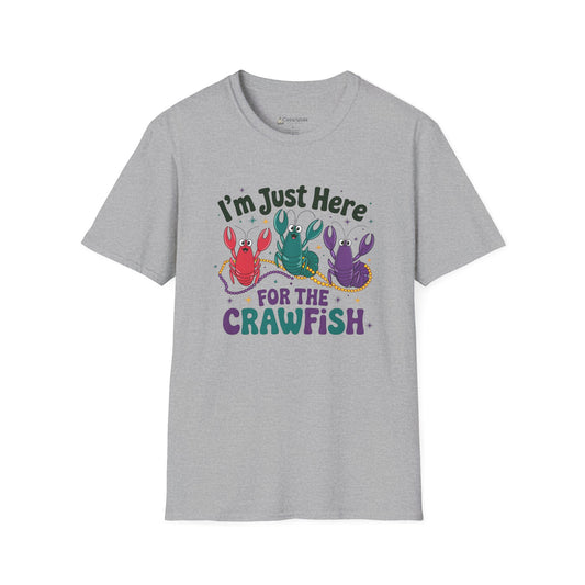 Crawfish T-Shirt – "I'm Just Here for the Crawfish" Colorful Mardi Gras Seafood