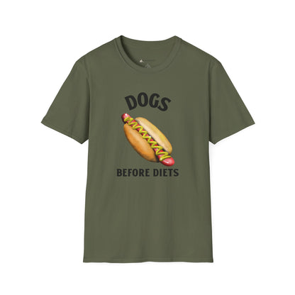 Dogs Before Diets Hot Dog Graphic T‑Shirt — Funny Foodie Dog Lover Tee
