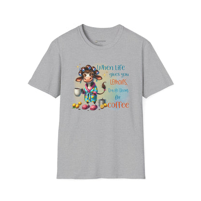 Coffee Cow Funny T-Shirt — "When Life Gives You Lemons Trade Them for Coffee"