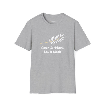 "Save A Plant, Eat A Steak" Retro Vegan Vegetarian Humor T-shirt