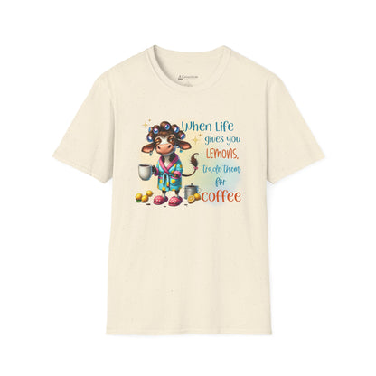 Coffee Cow Funny T-Shirt — "When Life Gives You Lemons Trade Them for Coffee"