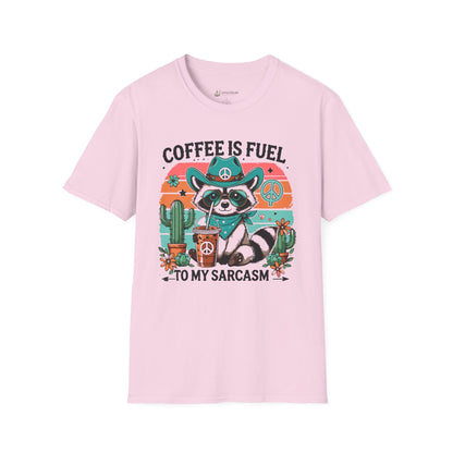 Coffee Is Fuel To My Sarcasm T-Shirt — Funny Raccoon Coffee Lover Tee