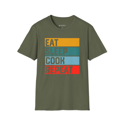 Eat Sleep Cook Repeat T-Shirt — Retro Striped Chef Cooking Tee