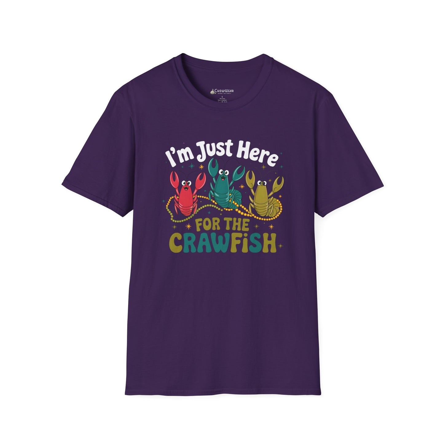 Crawfish T-Shirt – "I'm Just Here for the Crawfish" Colorful Mardi Gras Seafood