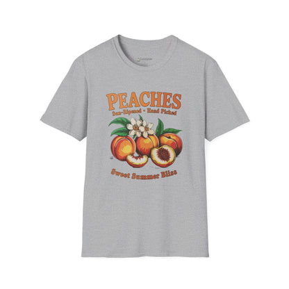 Peaches Vintage T-Shirt — “Peaches: Sun-Ripened • Hand Picked” Summer Fruit Tee