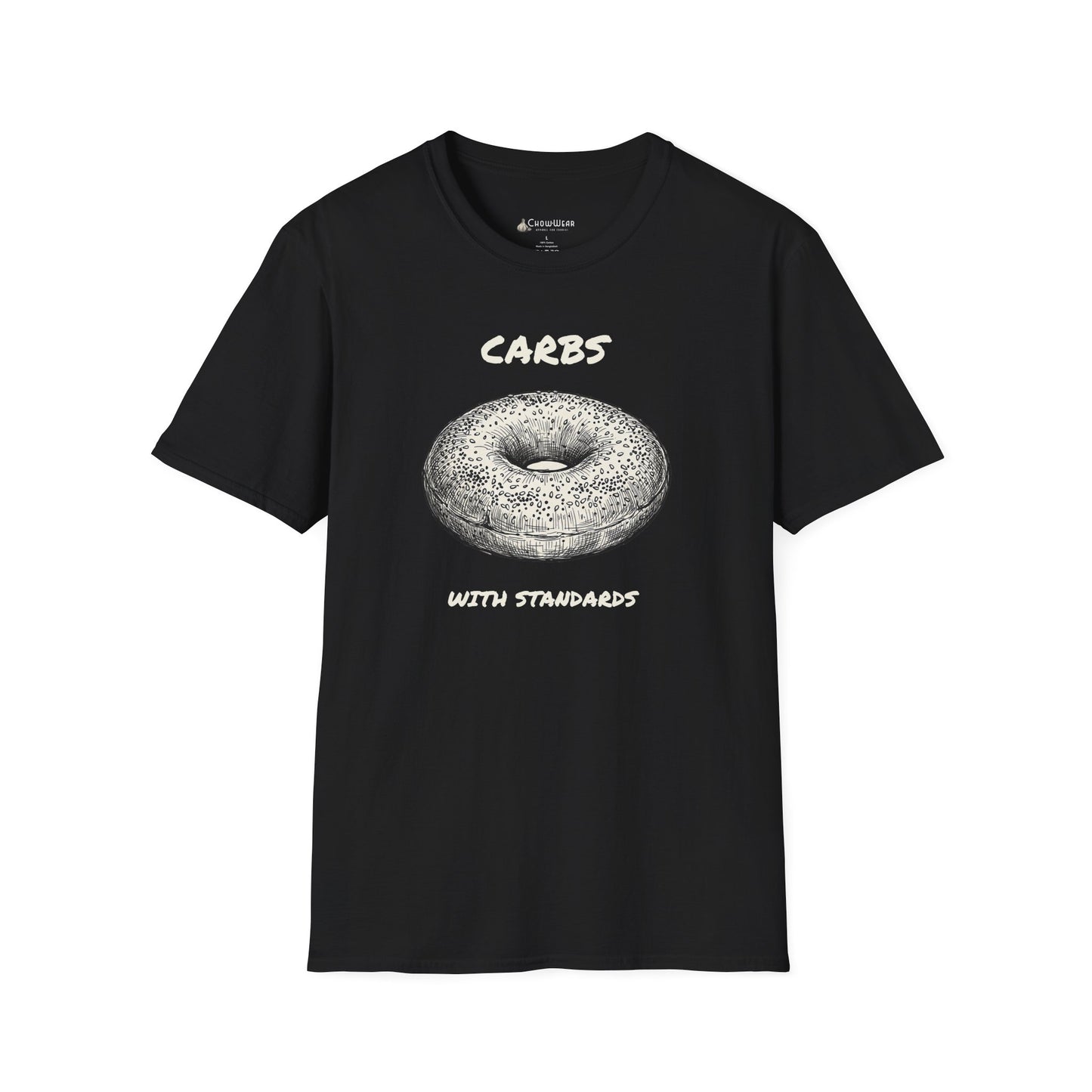 Bagel Graphic T-Shirt — "Carbs with Standards" Funny Foodie Tee