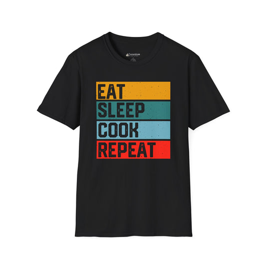 Eat Sleep Cook Repeat T-Shirt — Retro Striped Chef Cooking Tee
