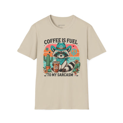 Coffee Is Fuel To My Sarcasm T-Shirt — Funny Raccoon Coffee Lover Tee